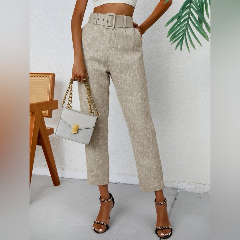 Privé Solid Slant Pocket Belted Cropped Suit Pants
